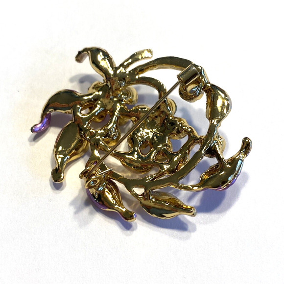Vintage inspired flower brooch goldtone pink & silver wash white rhinestones - Picture 5 of 7